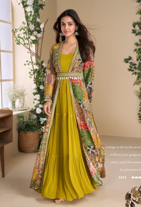 Designer Yellow Georgette Anarkali Gown with Multicolor Long Shrug